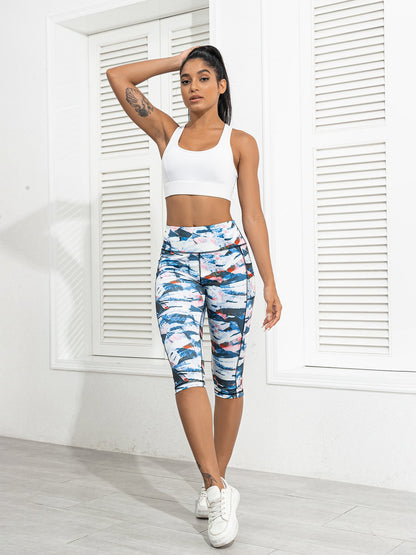 Seamless Yoga 7/8 Legs Women's Side Pocket Printed Leggings High-Waisted Tummy-Control Outerwear Running Fitness Pants