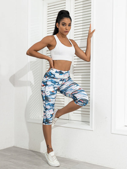 Seamless Yoga 7/8 Legs Women's Side Pocket Printed Leggings High-Waisted Tummy-Control Outerwear Running Fitness Pants