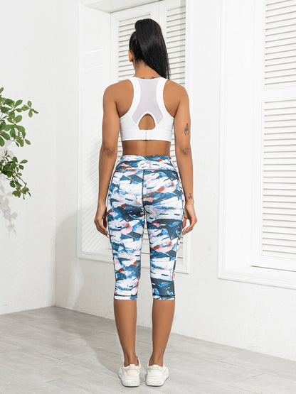 Seamless Yoga 7/8 Legs Women's Side Pocket Printed Leggings High-Waisted Tummy-Control Outerwear Running Fitness Pants