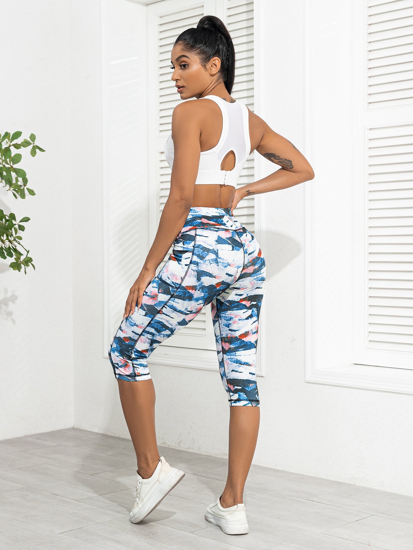Seamless Yoga 7/8 Legs Women's Side Pocket Printed Leggings High-Waisted Tummy-Control Outerwear Running Fitness Pants