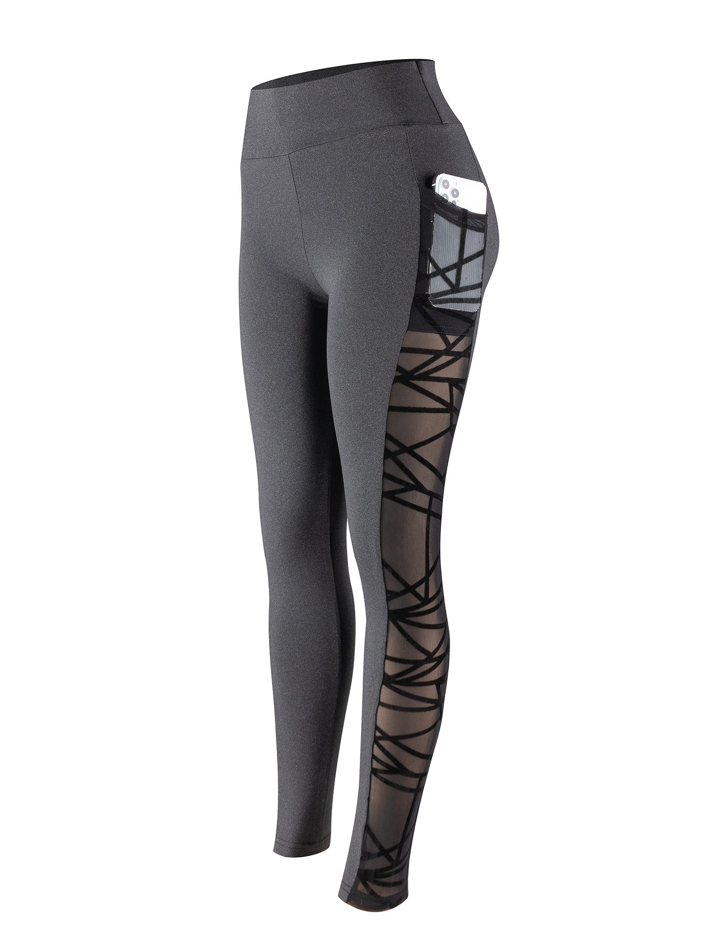 Gray leggings with geometric black pattern on a white background