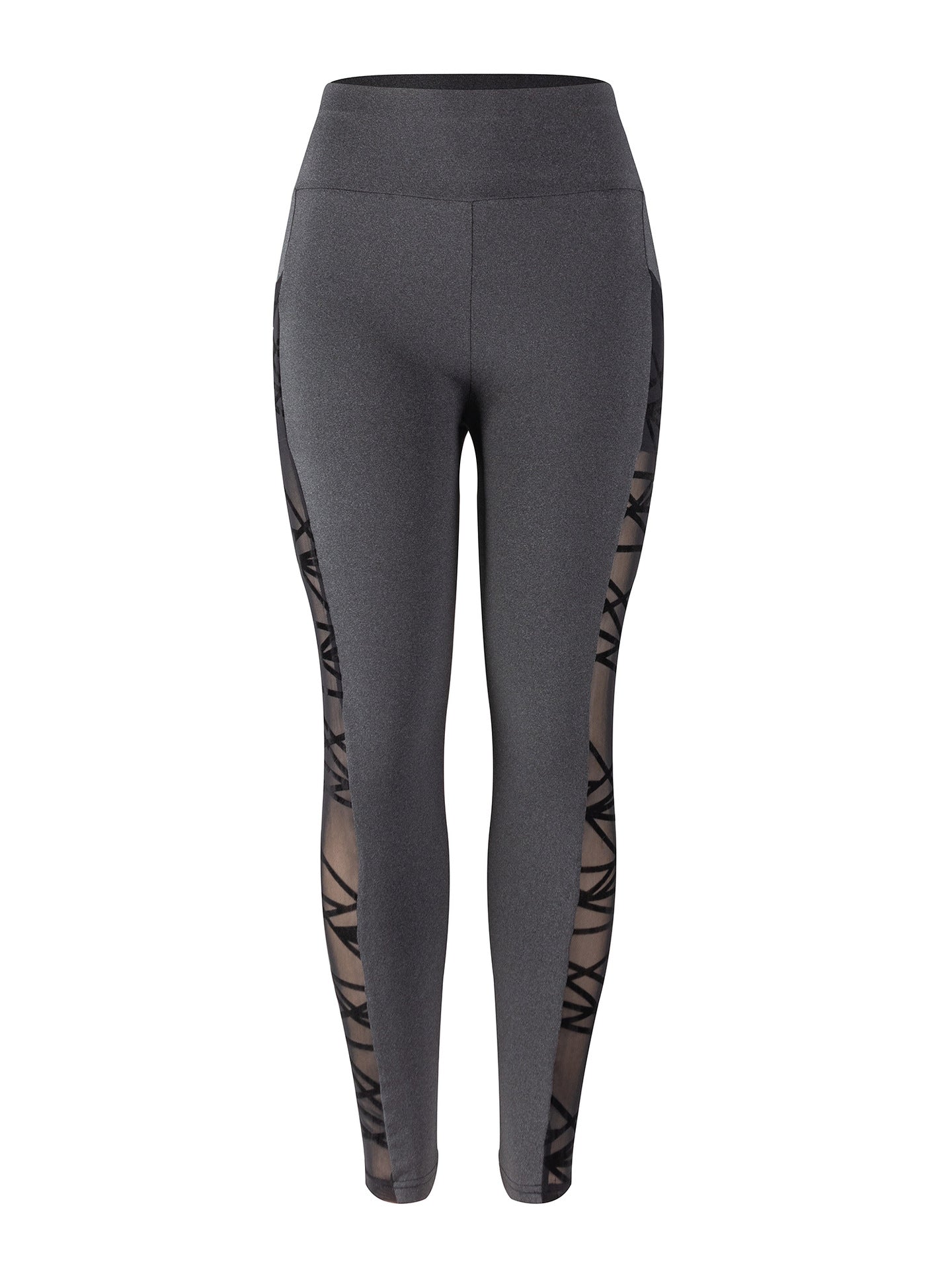 Gray leggings with sheer side panels on a white background