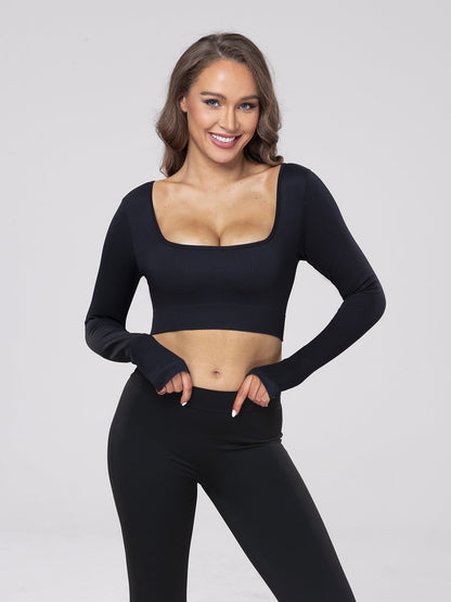 Casual Fitness Wear Sexy Long-Sleeve Top with Exposed Navel, Seamless Square Neckline Yoga T-Shirt for Women