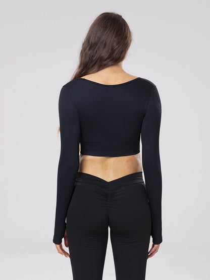 Casual Fitness Wear Sexy Long-Sleeve Top with Exposed Navel, Seamless Square Neckline Yoga T-Shirt for Women