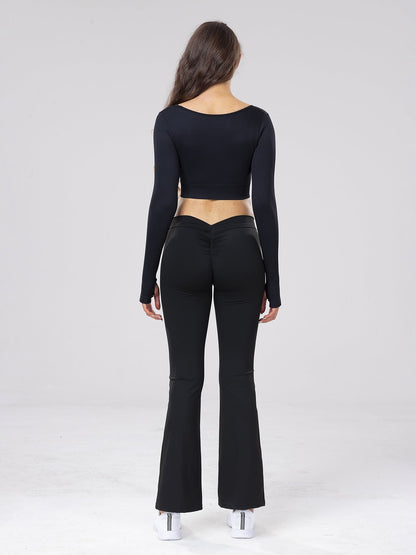 Casual Fitness Wear Sexy Long-Sleeve Top with Exposed Navel, Seamless Square Neckline Yoga T-Shirt for Women