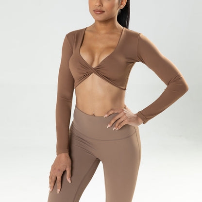 Women's Long-Sleeve Fitness Shirt with Deep V-Neck, Slim-Fit, Breathable, Crop Top for Outdoor Yoga
