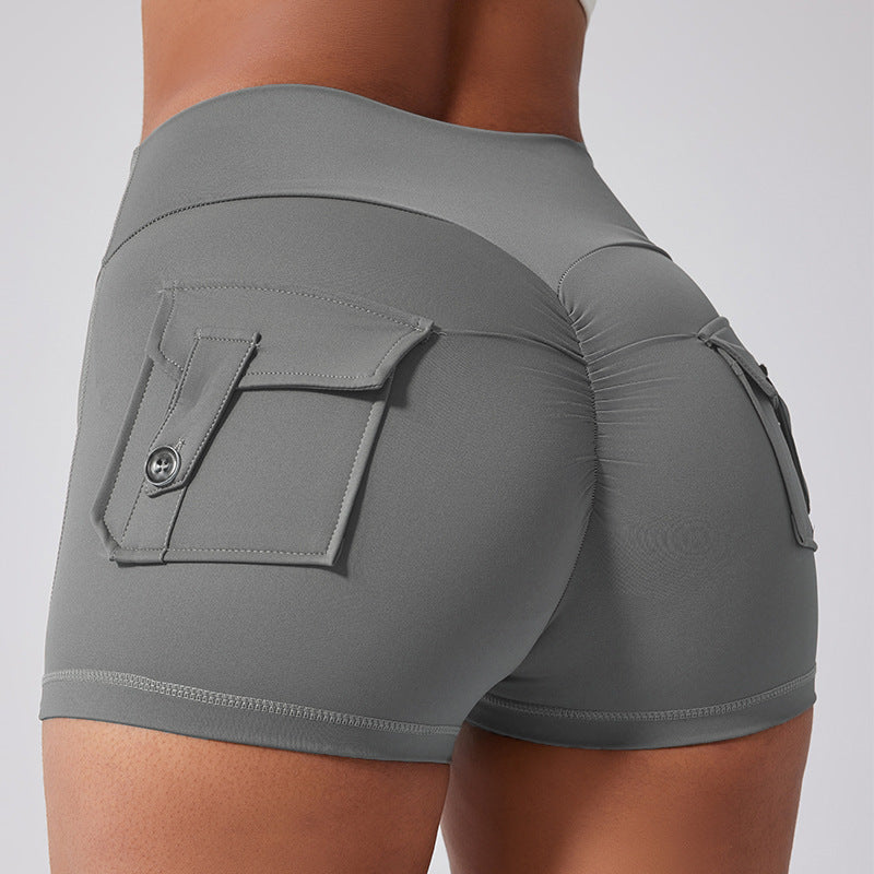 Fitness Shorts with Pockets, Sports Yoga Pants for Women, Bare-Skin Peach Butt Workwear Tight Shorts