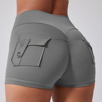 Fitness Shorts with Pockets, Sports Yoga Pants for Women, Bare-Skin Peach Butt Workwear Tight Shorts