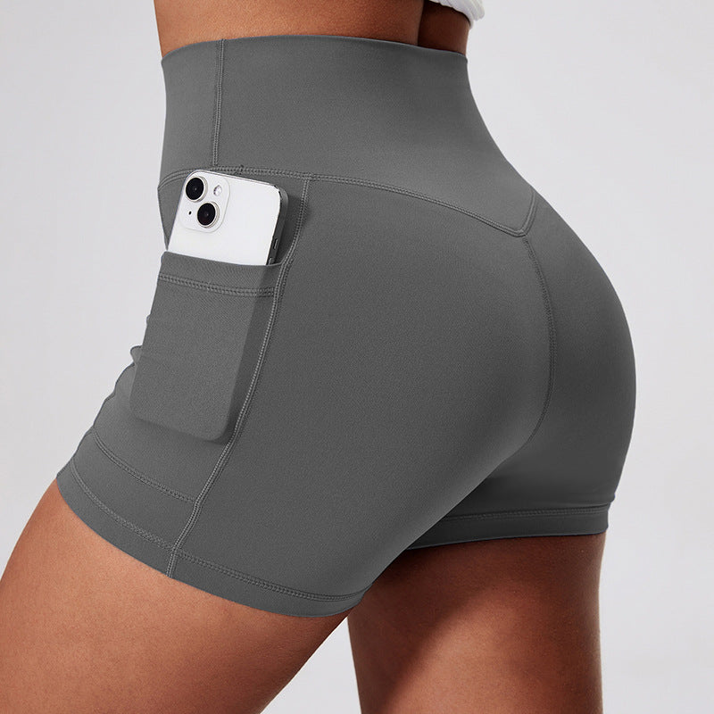 Fitness Shorts with Pockets, Sports Yoga Pants for Women, Bare-Skin Peach Butt Workwear Tight Shorts, Sports Cycling 3/4 Shorts