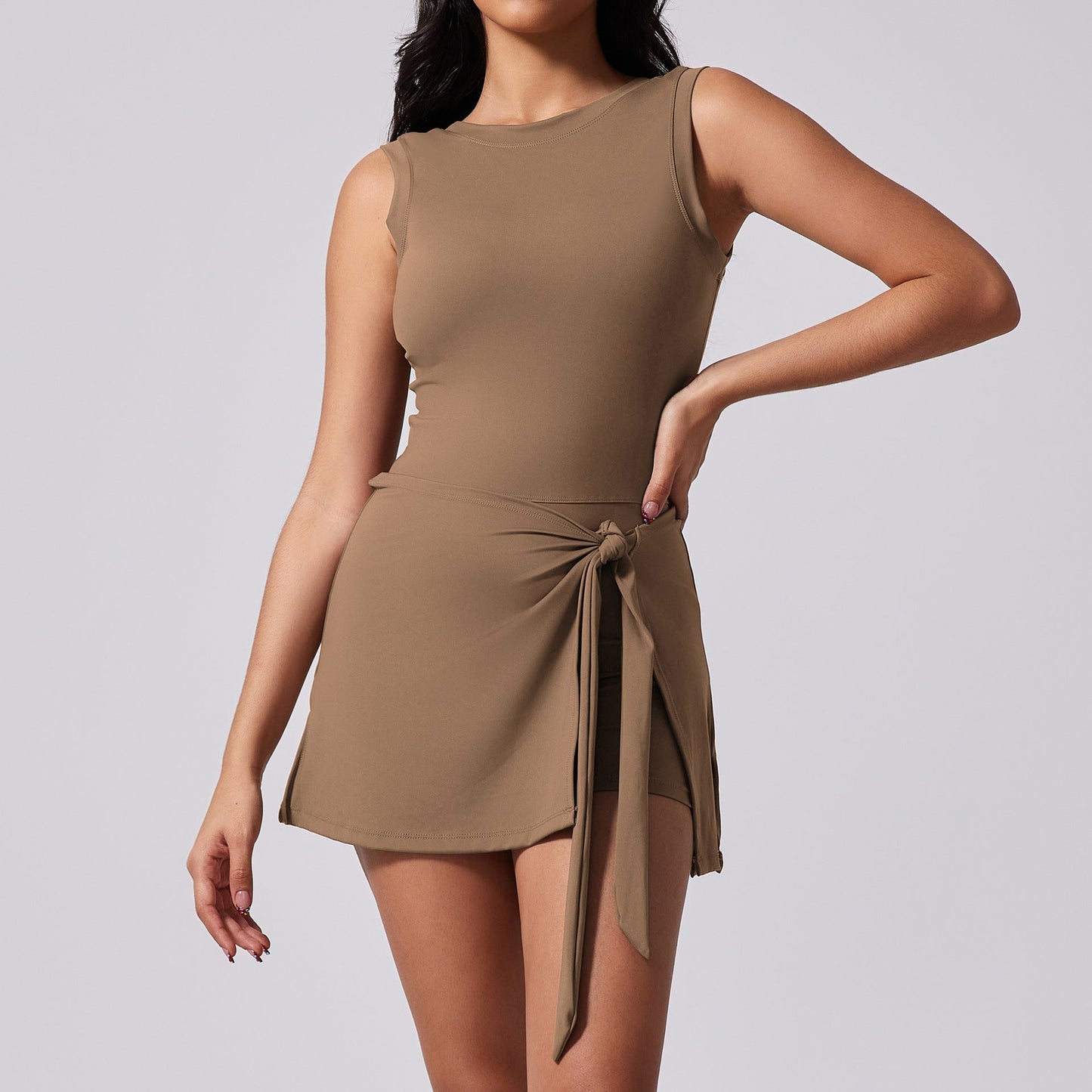 Slimming and comfortable solid-color sports one-piece set for women, anti-exposure and breathable One-piece tennis skirt with a flattering back design