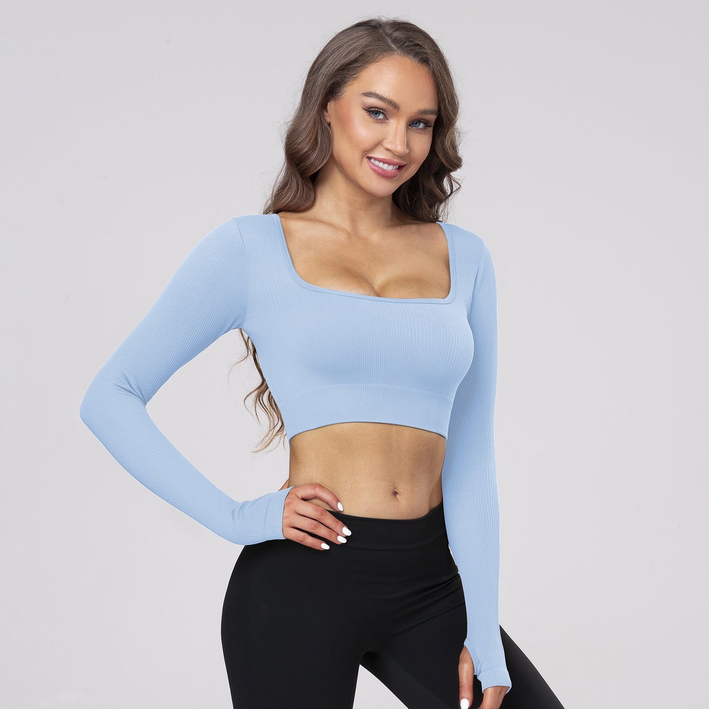 Casual Fitness Wear Sexy Long-Sleeve Top with Exposed Navel, Seamless Square Neckline Yoga T-Shirt for Women