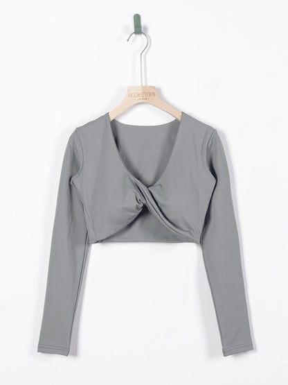 Women's Long-Sleeve Fitness Shirt with Deep V-Neck, Slim-Fit, Breathable, Crop Top for Outdoor Yoga