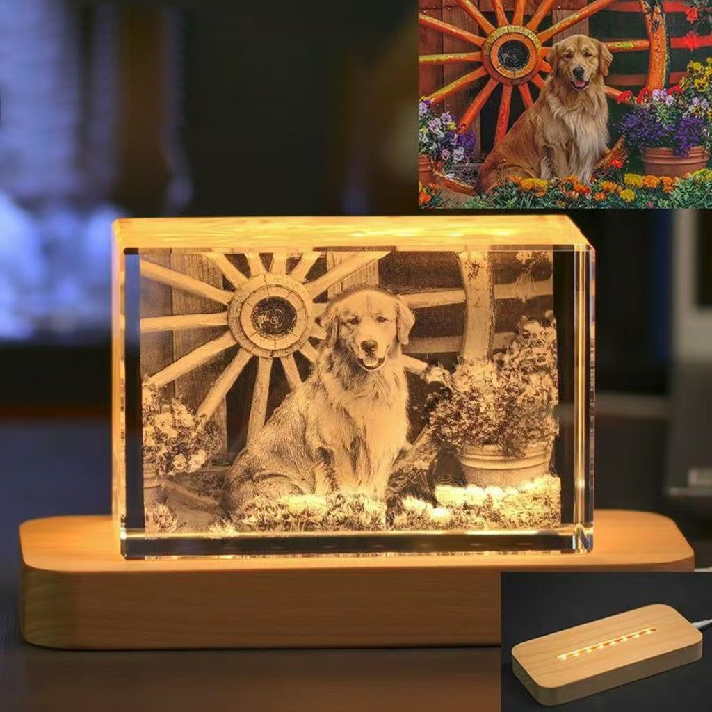 Custom 3D Crystal Music Lamp — Heart Photo Engraving, Bluetooth, LED Rotation