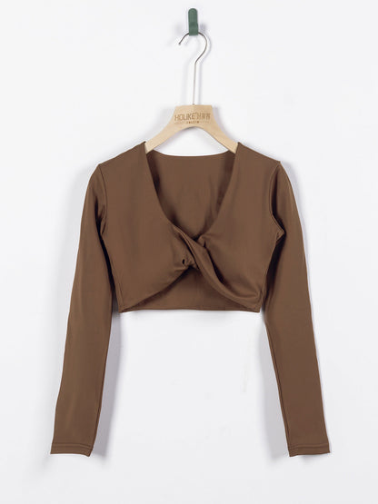 Women's Long-Sleeve Fitness Shirt with Deep V-Neck, Slim-Fit, Breathable, Crop Top for Outdoor Yoga