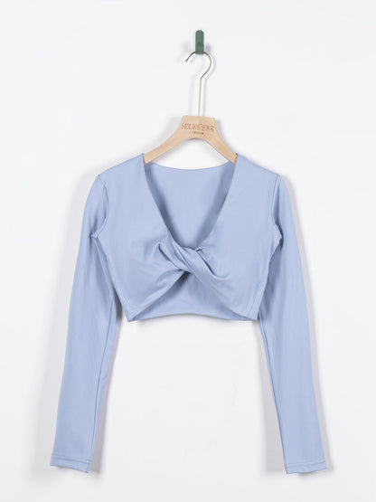 Women's Long-Sleeve Fitness Shirt with Deep V-Neck, Slim-Fit, Breathable, Crop Top for Outdoor Yoga