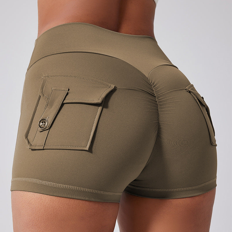 Fitness Shorts with Pockets, Sports Yoga Pants for Women, Bare-Skin Peach Butt Workwear Tight Shorts