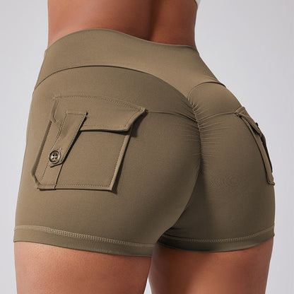 Fitness Shorts with Pockets, Sports Yoga Pants for Women, Bare-Skin Peach Butt Workwear Tight Shorts