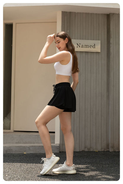 Yoga Shorts-Style Two-Piece Outdoor Skirt Pants, Sports Tennis Skirt Pants, Fitness Running Quick-Dry Drawstring Skirt Pants for Women