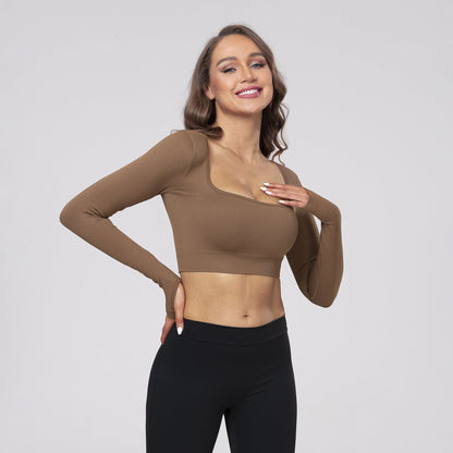 Casual Fitness Wear Sexy Long-Sleeve Top with Exposed Navel, Seamless Square Neckline Yoga T-Shirt for Women
