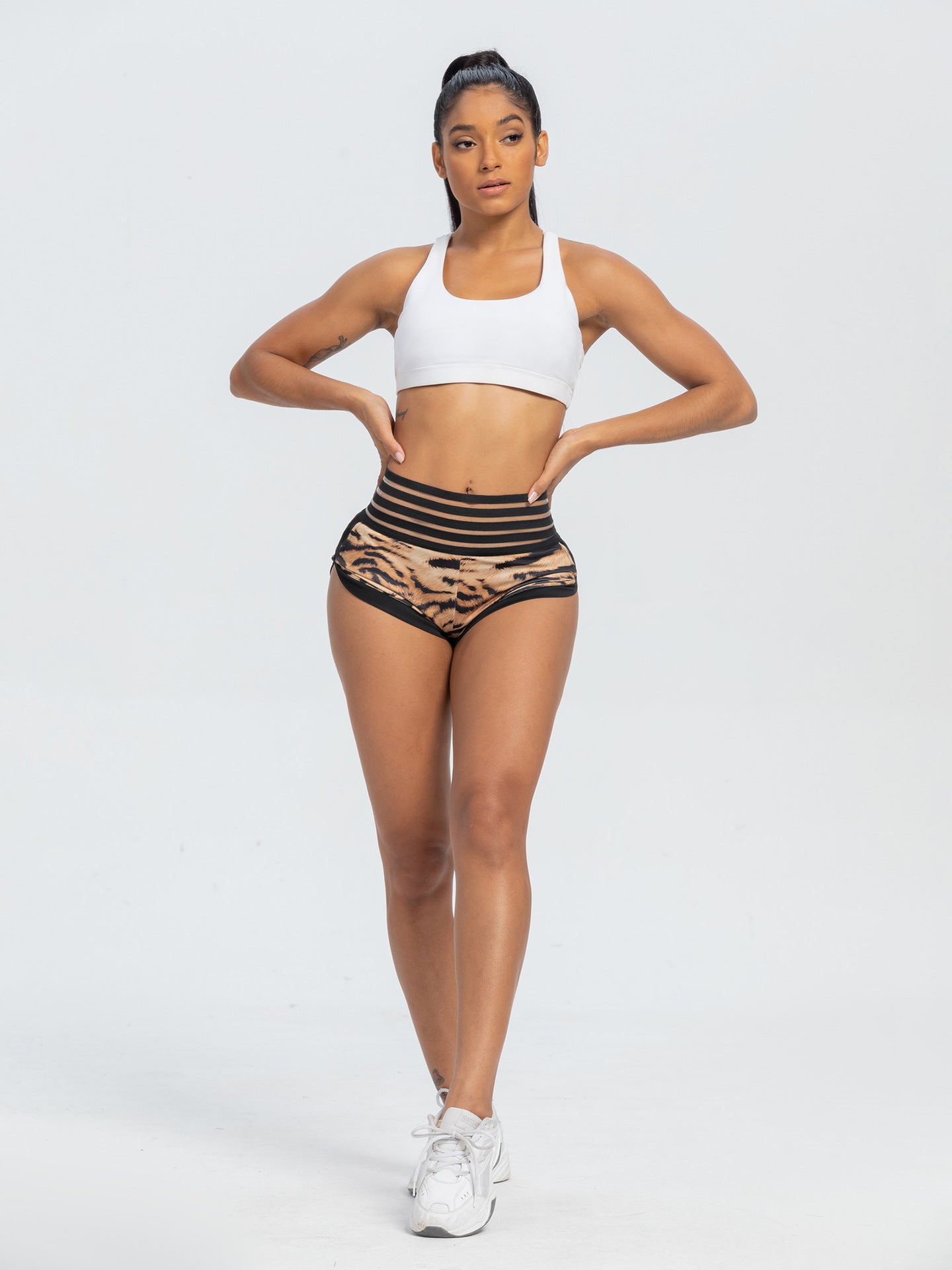 Peach Lace Waist Tiger Print Yoga Shorts with Pocket and Butt-Lifting Design