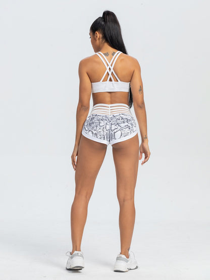 Peach Lace Waist Snake Print Yoga Shorts with Pocket and Butt Lift