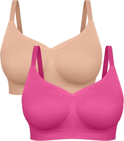 Beige and pink bras on a white background