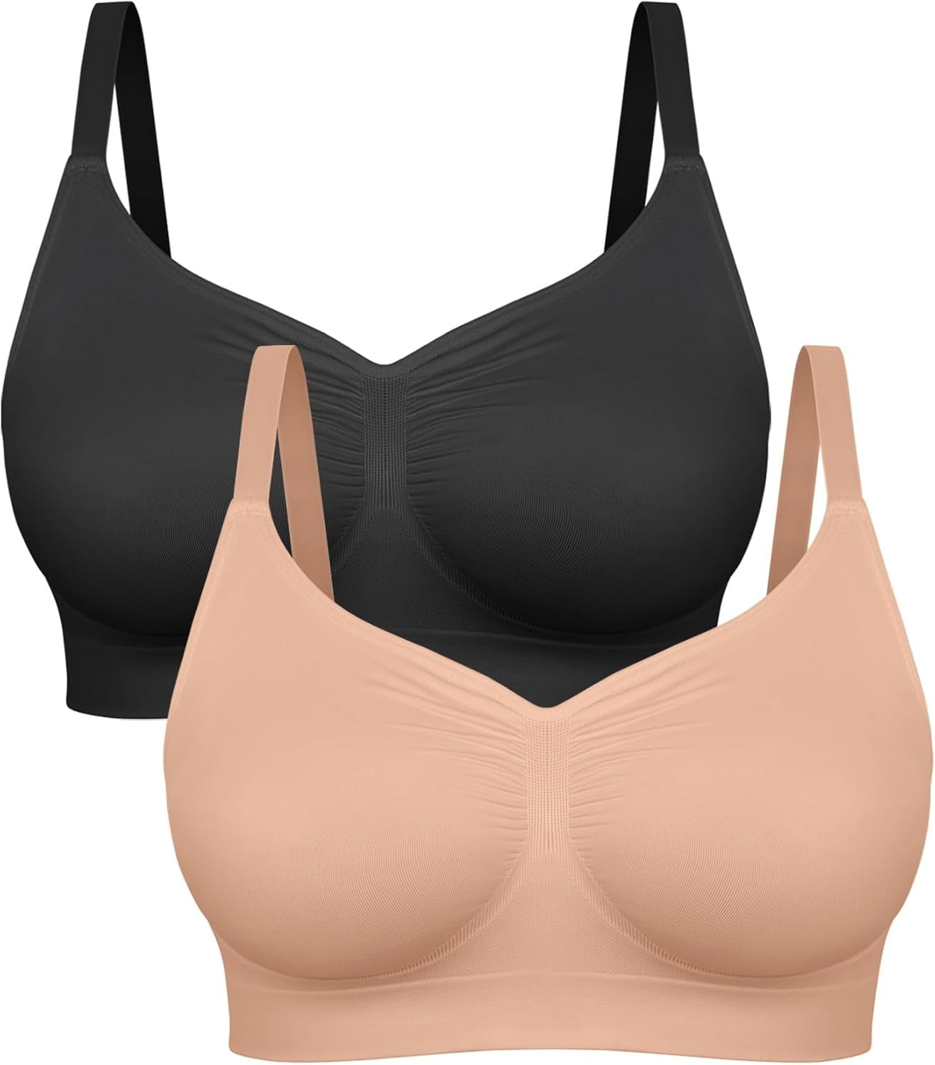 Black and beige bras on a white background