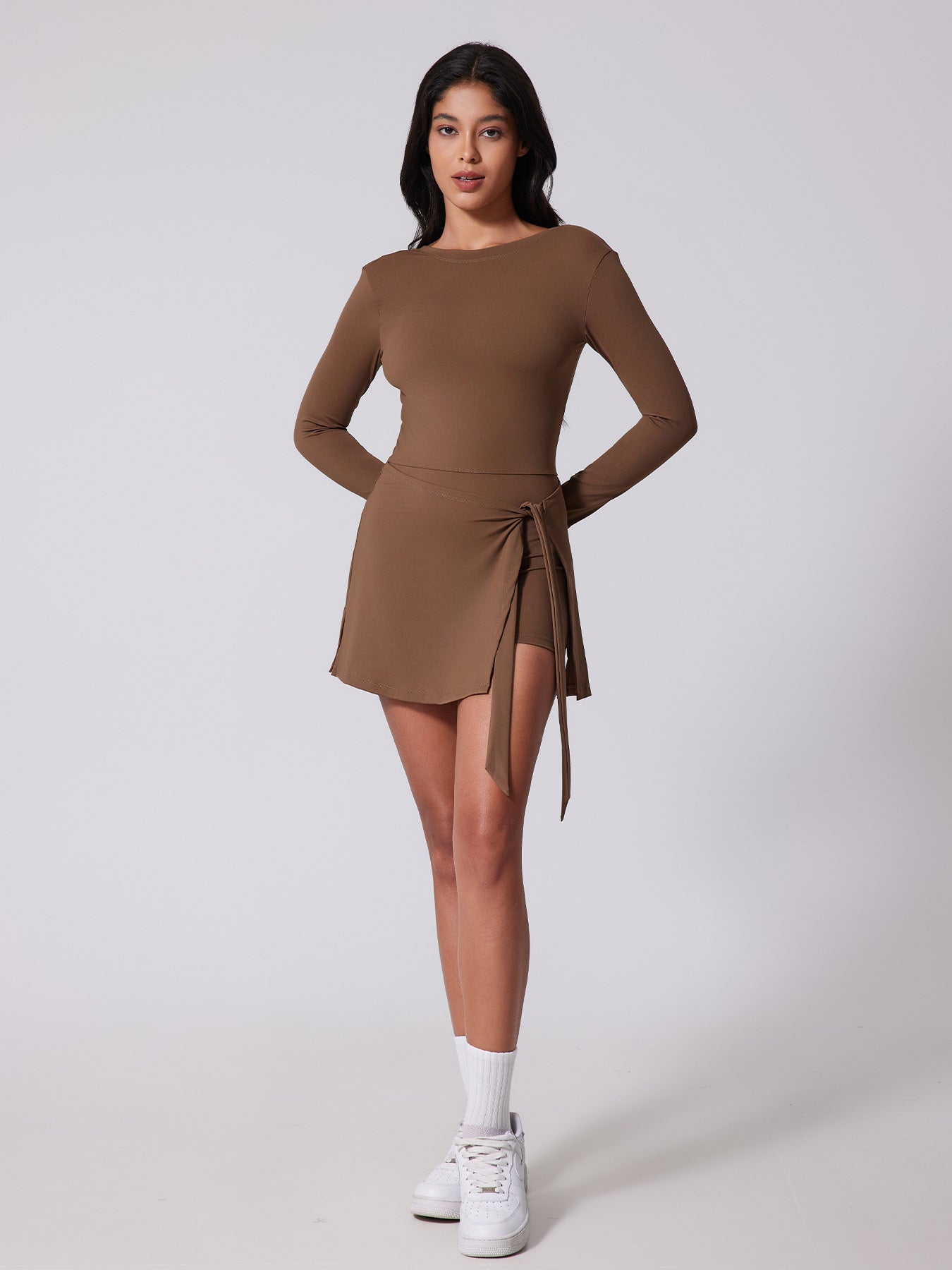 Built-in Anti-Chafe Shorts of Women's Brown Yoga Dress - Secure & Comfortable for Workouts