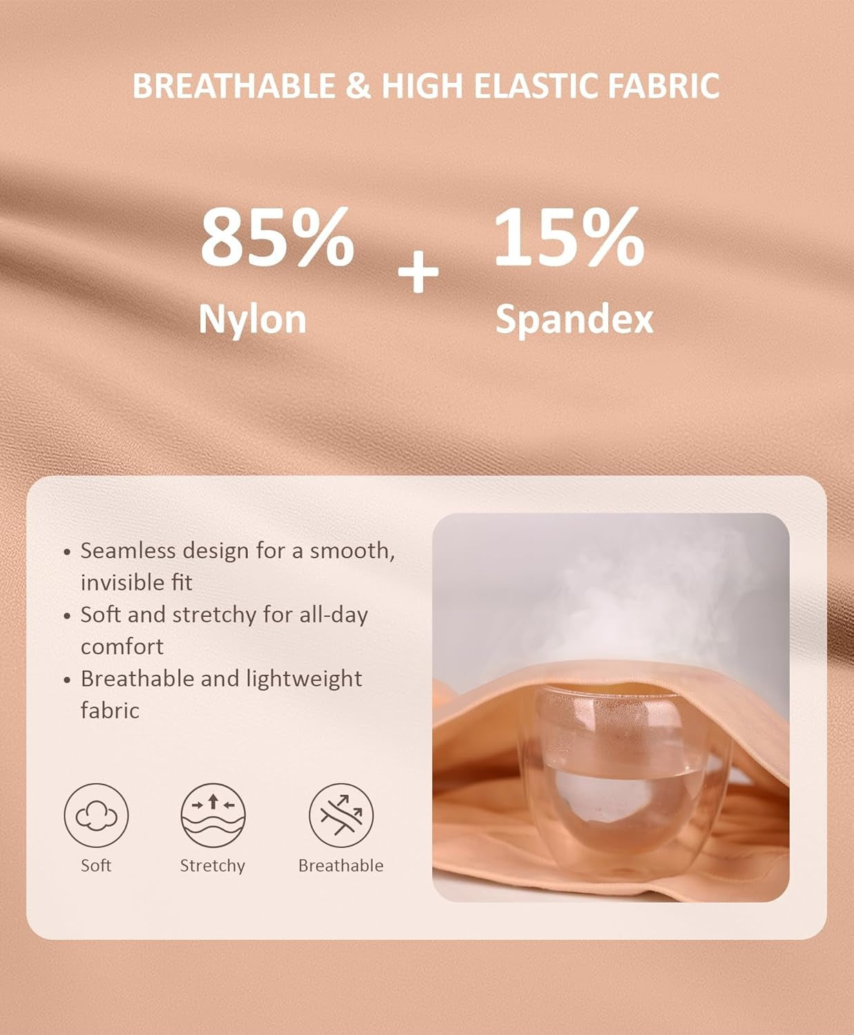 Fabric composition chart with 85% Nylon and 15% Spandex on a beige background