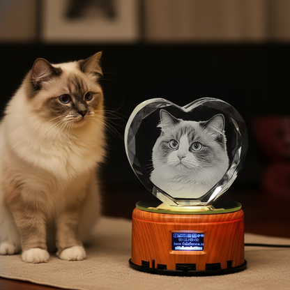 Custom 3D Crystal Music Lamp — Heart Photo Engraving, Bluetooth, LED Rotation