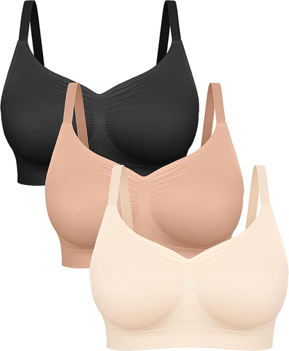Set of three bras in black, beige, and brown on a white background