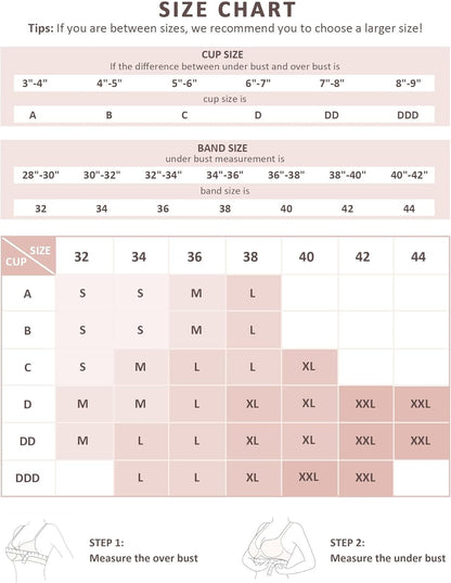 Size chart for cups and bands with measurements and color-coded guidance.