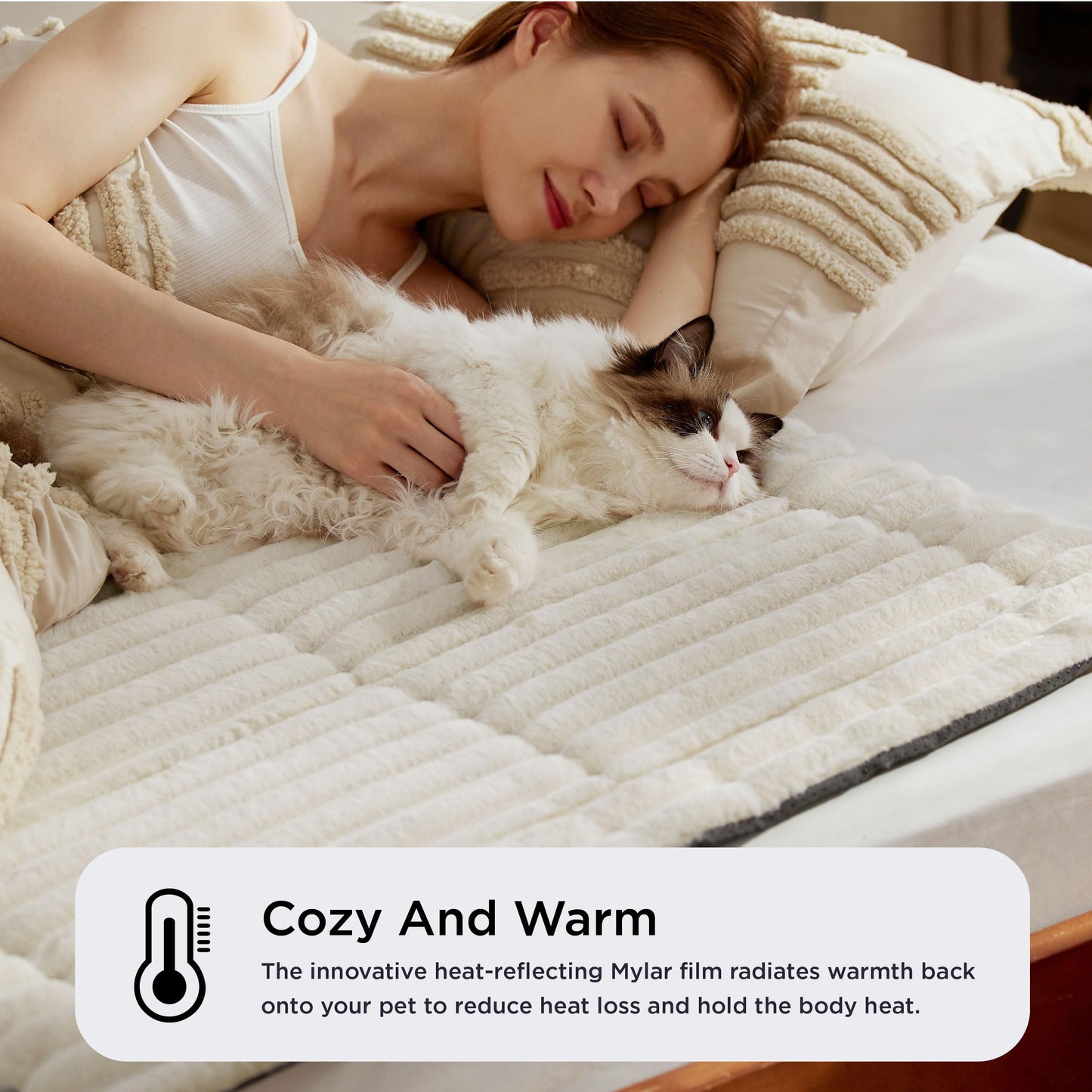 Woman lying on a bed with a cat, surrounded by soft bedding, with a text overlay about the product's warmth.