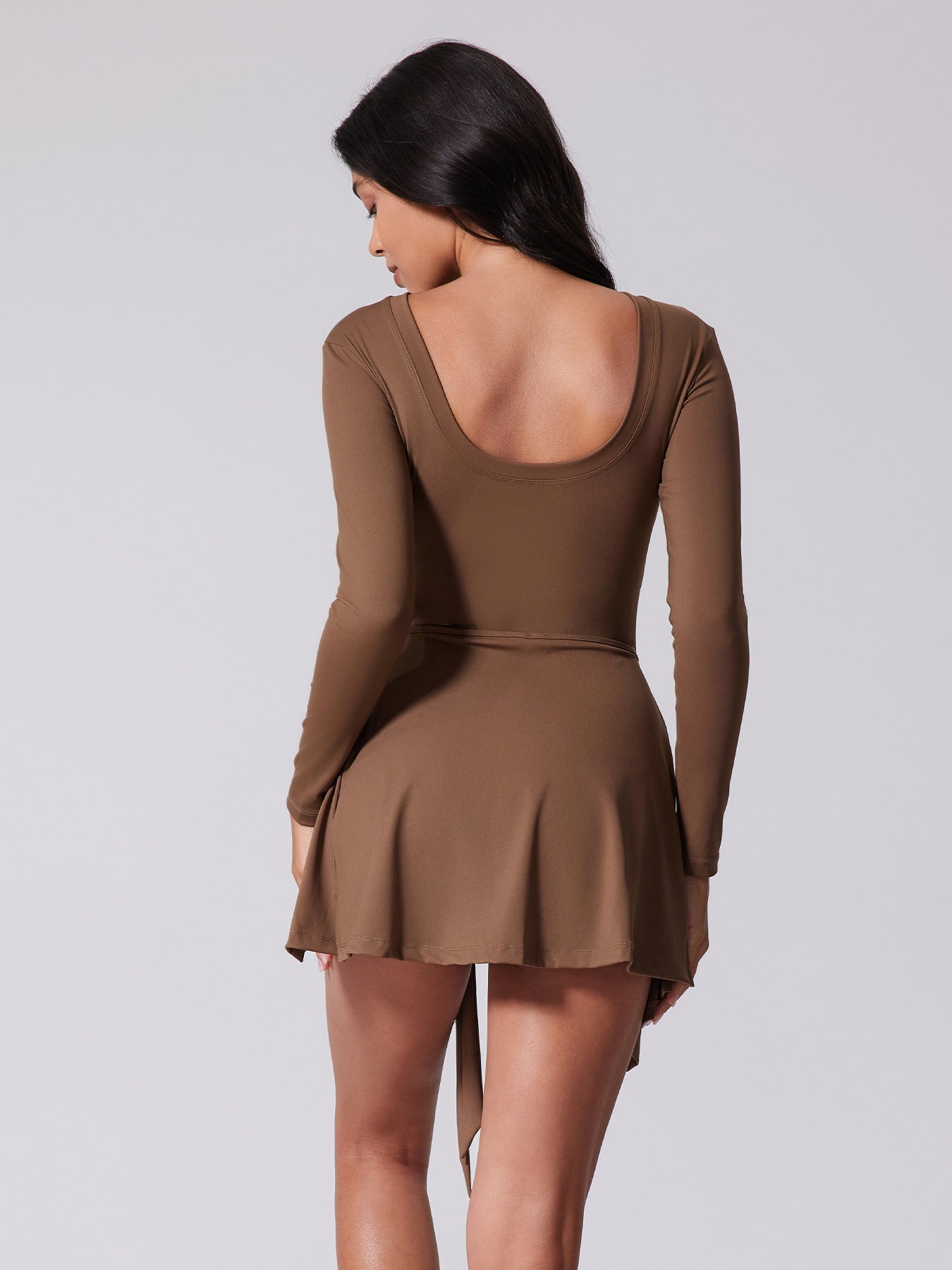 Women's Long Sleeve Yoga Dress - Brown Tennis Skirt Activewear Set Back